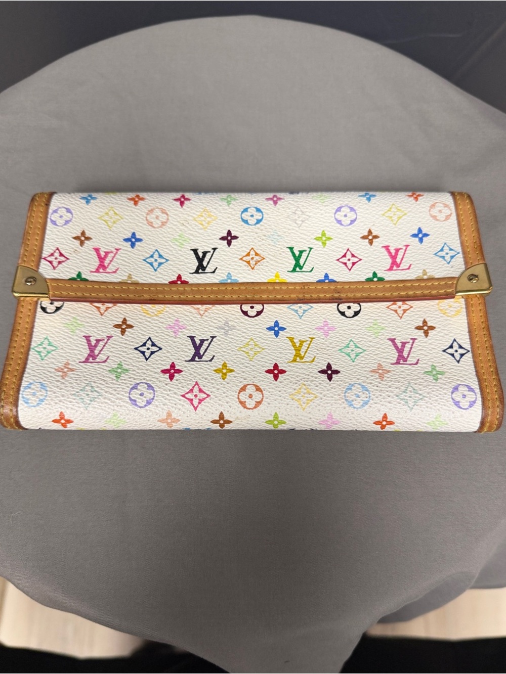 •Louis Vuitton White Multicolor Monogram Canvas continental wallet with Tan Trim